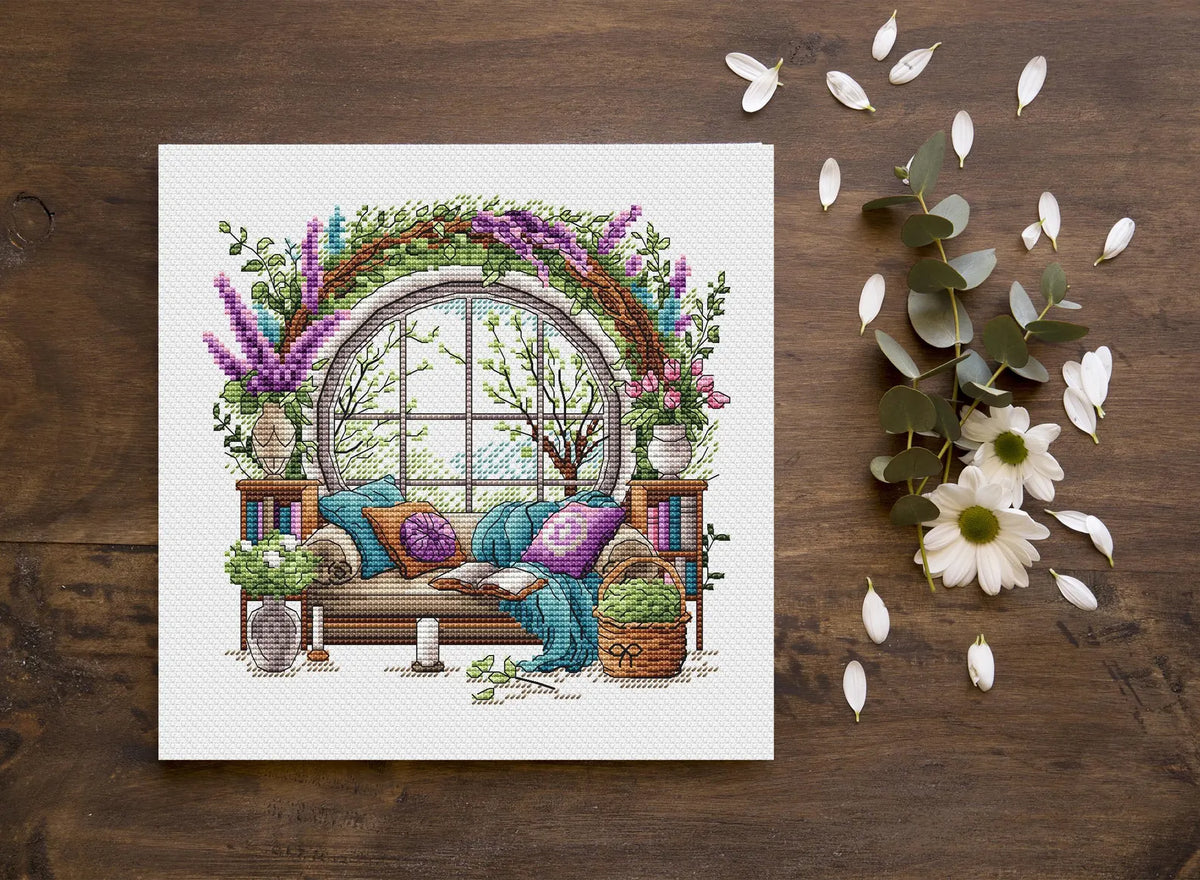 Garden Pattern for Cross Stitch, Interior Embroidery PDF, Green Garden Embroidery PDF, Terrace window cross stitch, Embroidery decor