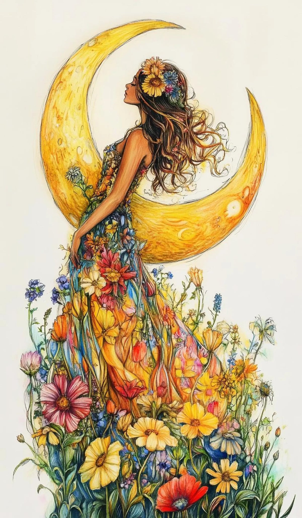 Flower Lady Floral Moon cross stitch pattern. Instant PDF Download. 52,500 Stitches.