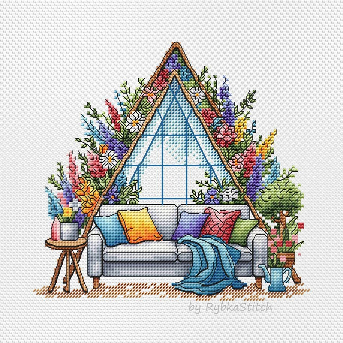 Garden Pattern for Cross Stitch, Spring Embroidery PDF, Green Garden Embroidery PDF, Terrace window cross stitch, Embroidery Counted Cross