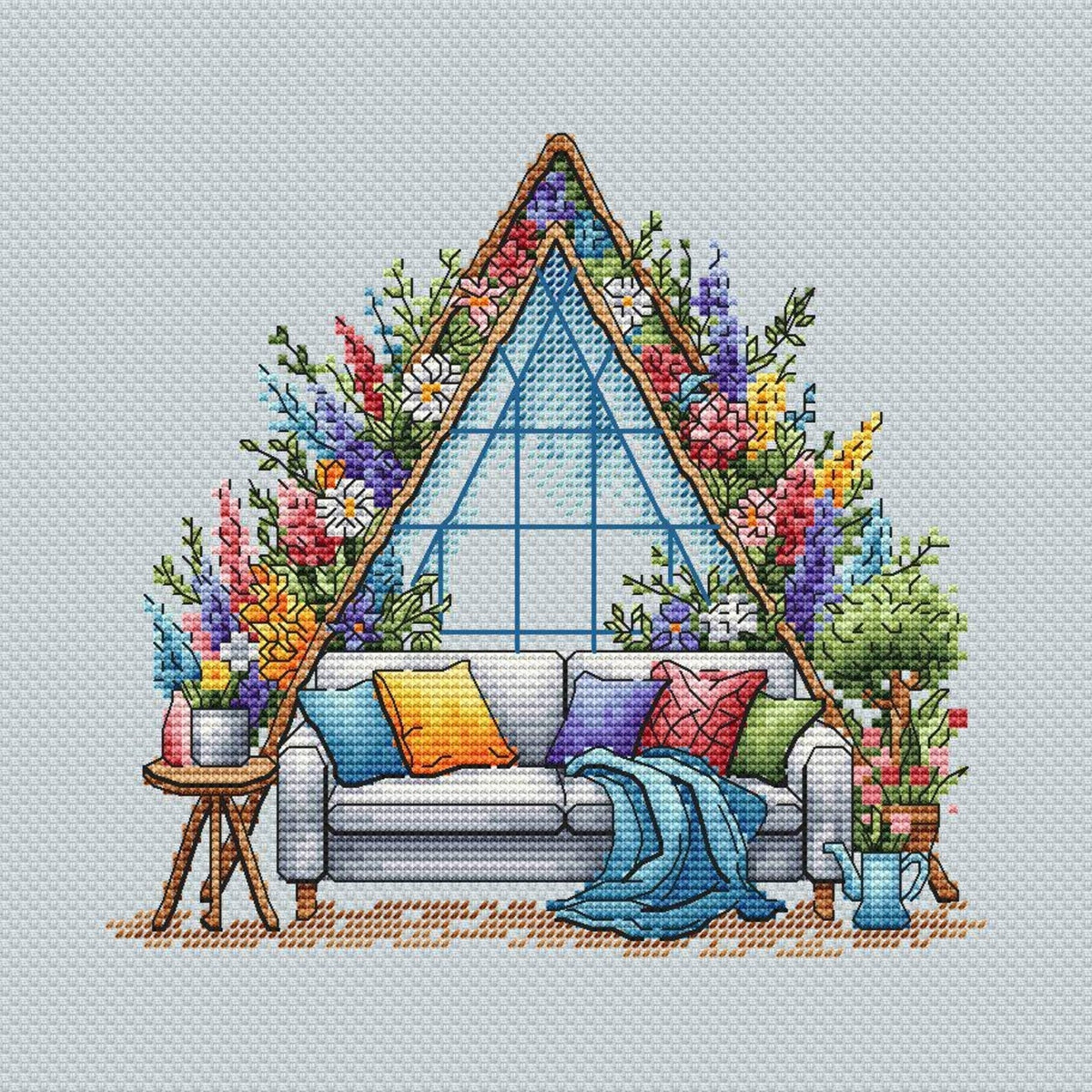 Garden Pattern for Cross Stitch, Spring Embroidery PDF, Green Garden Embroidery PDF, Terrace window cross stitch, Embroidery Counted Cross