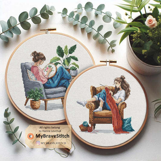 Set Of Two Cross Stitch and Knitting Girls Cross Stitch Pattern PDF, cross stitch patterns, point de croix, punto de cruz