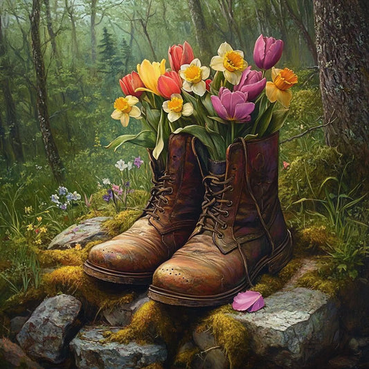 Bouquet of Spring Flowers in Old Leather Boot cross stitch pattern. Instant PDF Download. 62,500 Stitches.