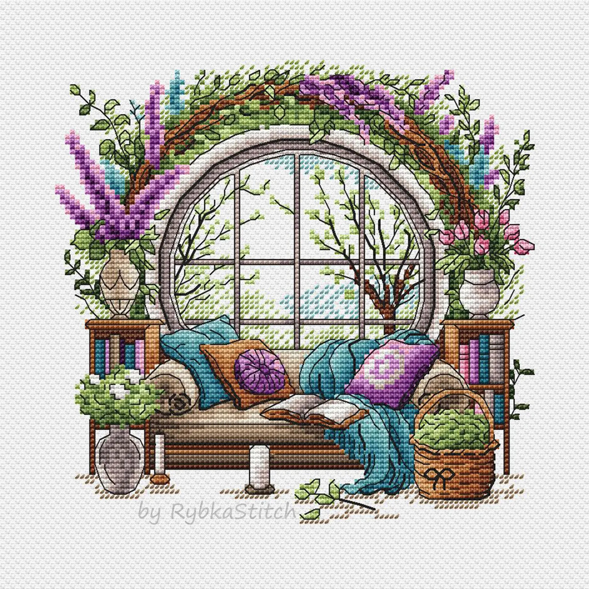 Garden Pattern for Cross Stitch, Interior Embroidery PDF, Green Garden Embroidery PDF, Terrace window cross stitch, Embroidery decor