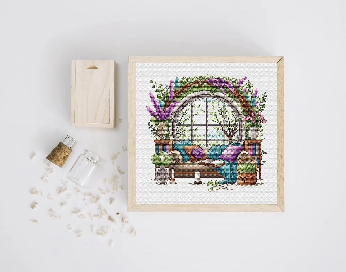 Garden Pattern for Cross Stitch, Interior Embroidery PDF, Green Garden Embroidery PDF, Terrace window cross stitch, Embroidery decor