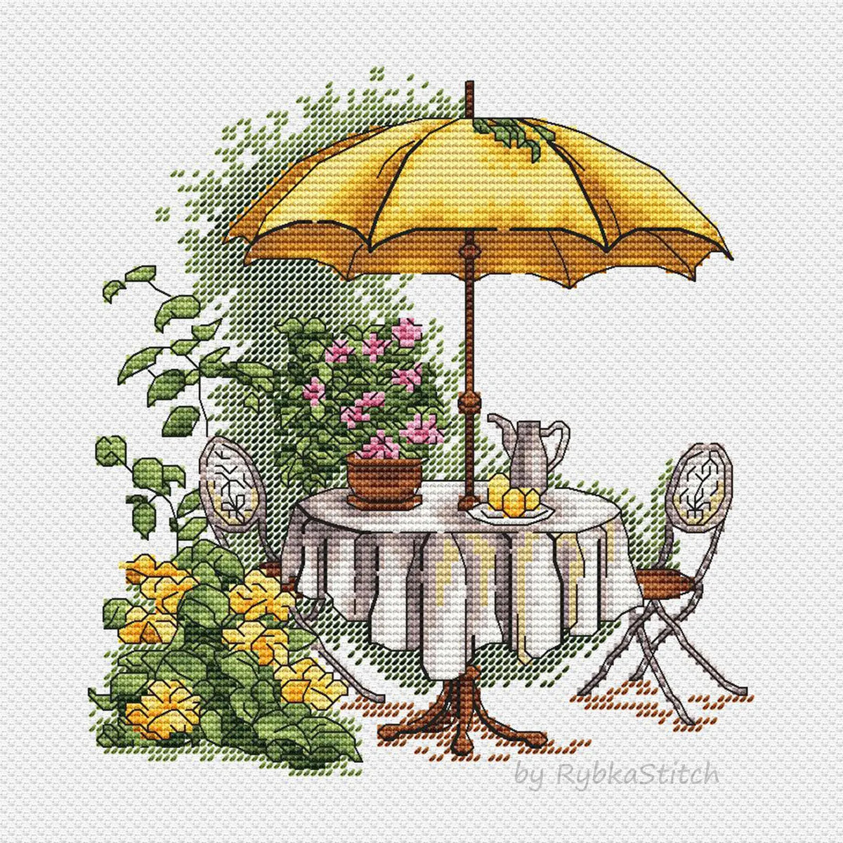 Garden Pattern for Cross Stitch, Interior Embroidery PDF, Green Garden Embroidery PDF, Terrace cross stitch, Lemon Embroidery decor
