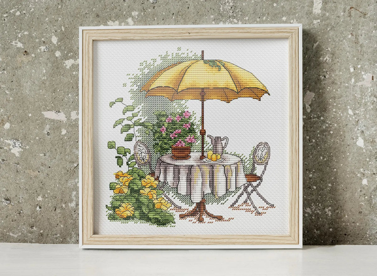 Garden Pattern for Cross Stitch, Interior Embroidery PDF, Green Garden Embroidery PDF, Terrace cross stitch, Lemon Embroidery decor