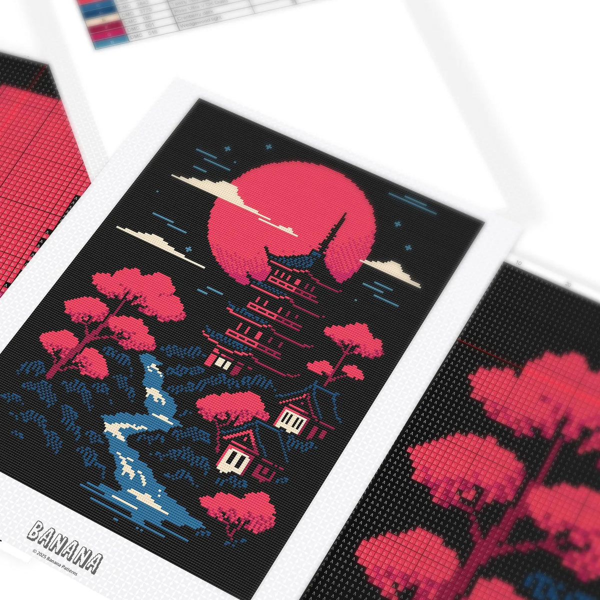Japanese Pagoda by Stream Cross Stitch Pattern | Japan Landscape Cross Stitch Chart | Asian Landscape Cross Stitch Art | Large Cross Stitch
