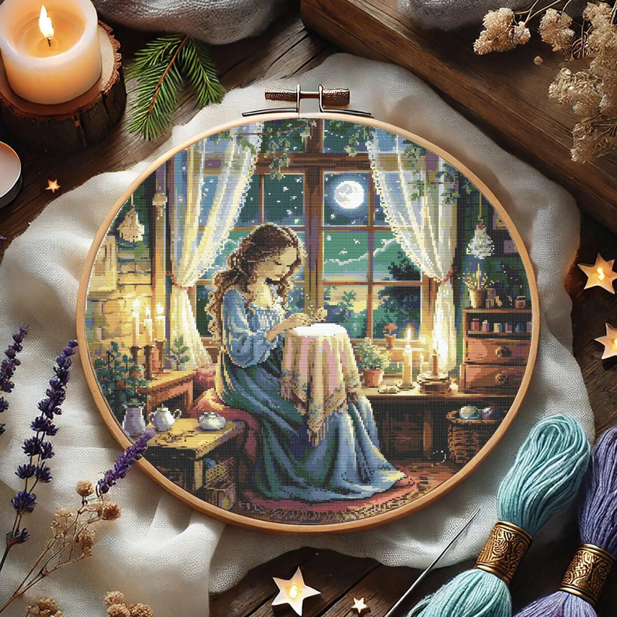 Moonlight embroidery girl cross stitch pattern with glowing stars and black cat magical Girl stitching design Fantasy Embroidery PDF