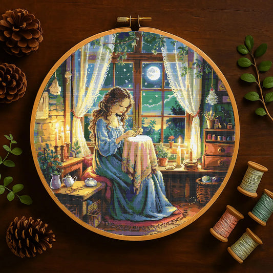 Moonlight embroidery girl cross stitch pattern with glowing stars and black cat magical Girl stitching design Fantasy Embroidery PDF