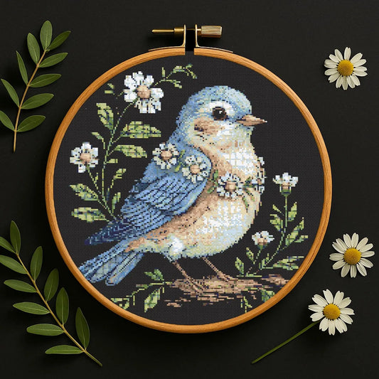 Bluebird Floral Cross Stitch Pattern, Elegant Bird with Daisies, Wildflowers Embroidery Nature Needlework, Botanical Songbird Stitch Pattern