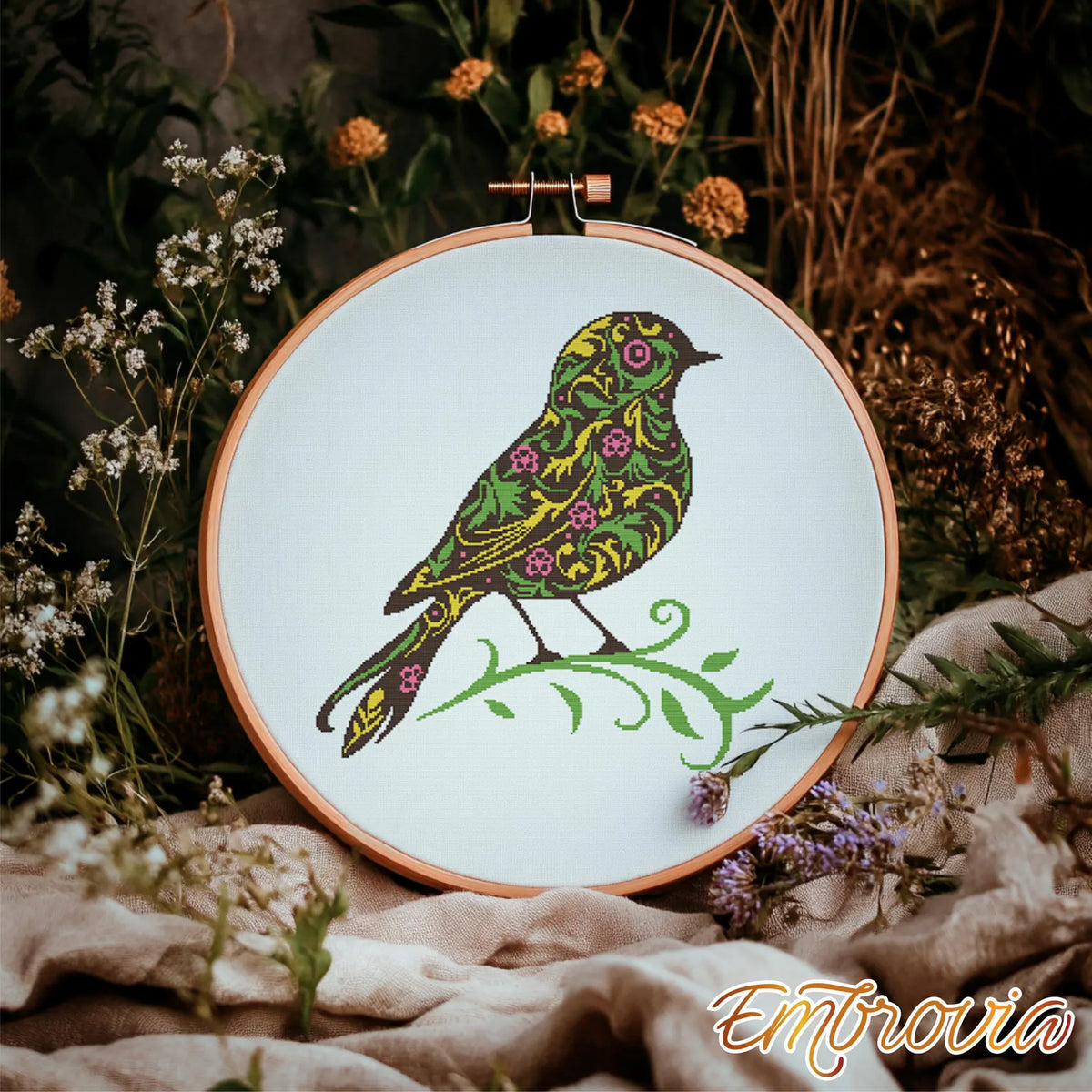 Floral Bird Cross Stitch Pattern – Decorative Folk Art Inspired Embroidery Chart, Instant Download for Home or Nature Decor