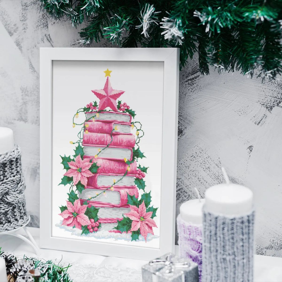 Pink Christmas Tree of Books Cross Stitch Pattern, Christmas ornament cross stitch, books cross stitch, Christmas tree stitch PDF Download