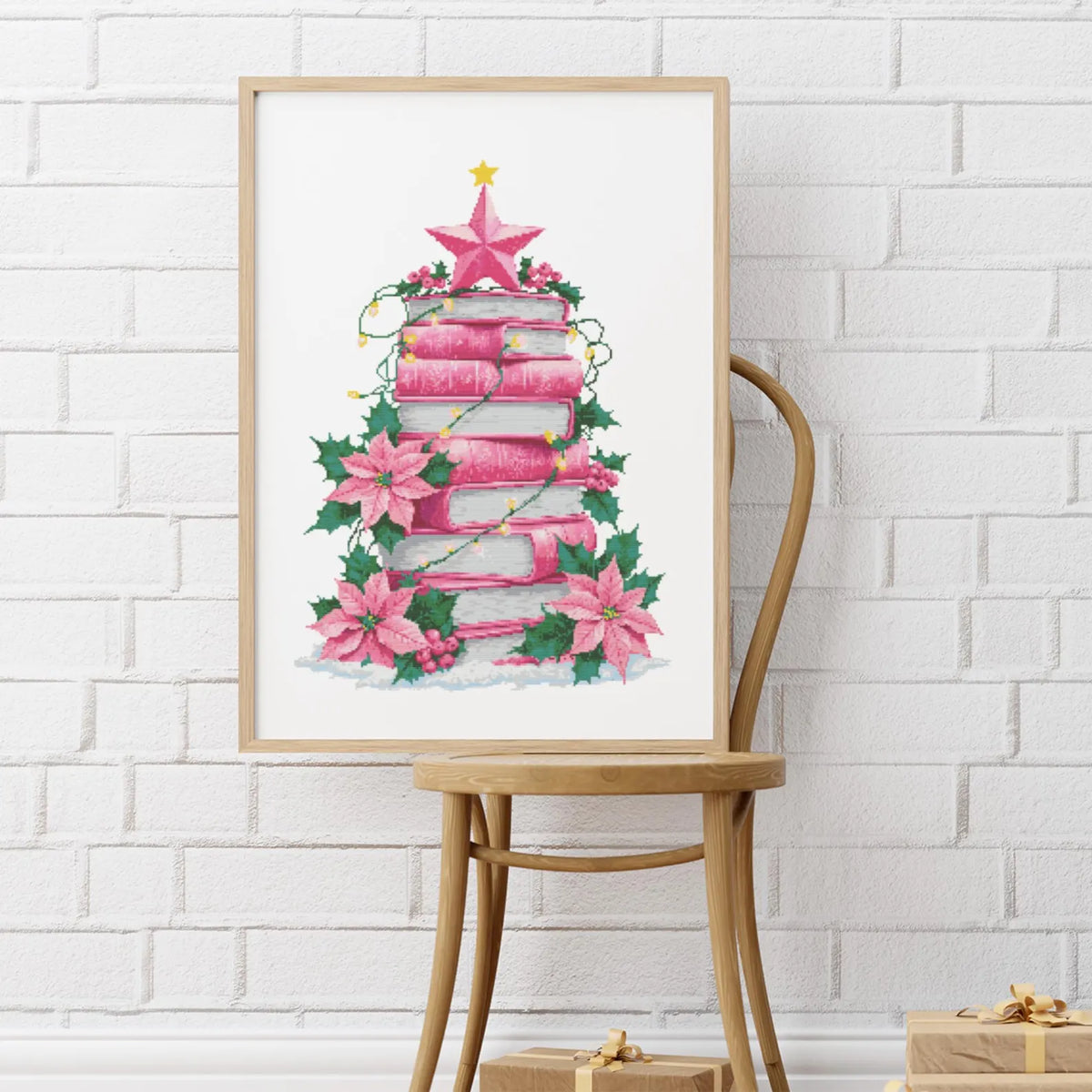 Pink Christmas Tree of Books Cross Stitch Pattern, Christmas ornament cross stitch, books cross stitch, Christmas tree stitch PDF Download