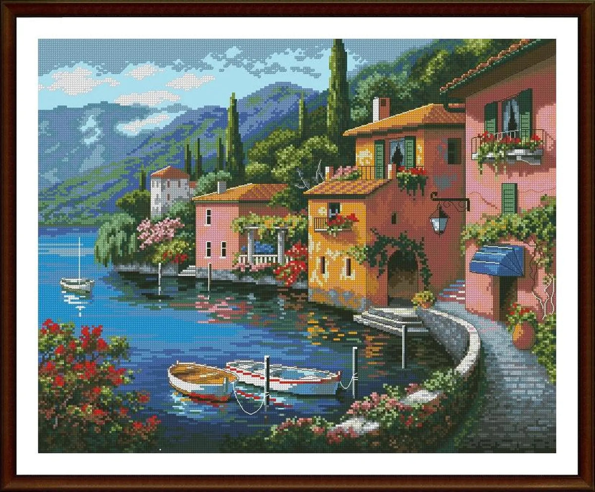 Cross stitch pattern Pattern Keeper Markup PDF + SAGA Lakeside Village Landscape Country House Boat Italy Home Sampler Needle Forest Seasons