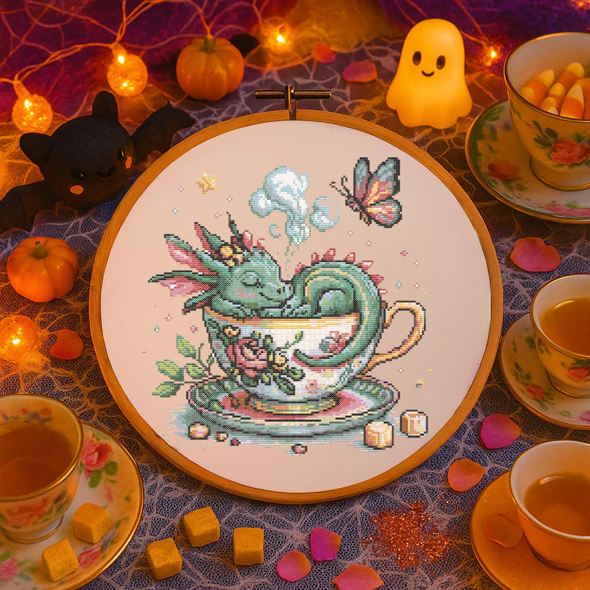 Whimsical Dragon in Teacup Cross Stitch Pattern Fantasy Floral Dragon Embroidery Design Mythical Cute Baby Dragon Sleeping Cross Stitch PDF