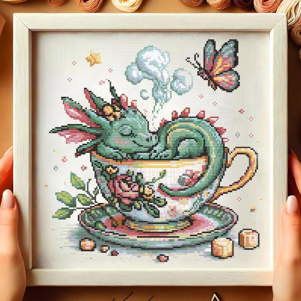 Whimsical Dragon in Teacup Cross Stitch Pattern Fantasy Floral Dragon Embroidery Design Mythical Cute Baby Dragon Sleeping Cross Stitch PDF
