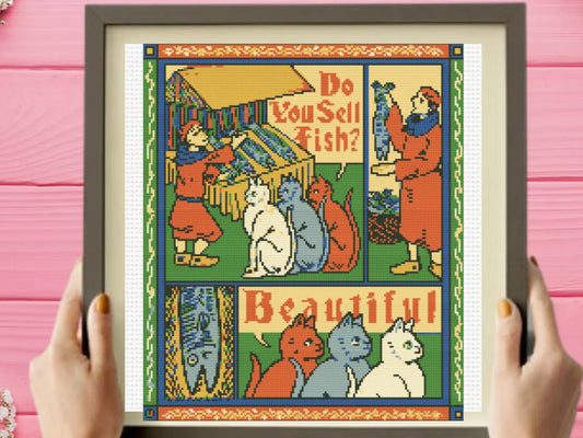 Medieval Cross Pattern , Cat and Saridnes Scene Cross Stitch Pattern, instant pdf download