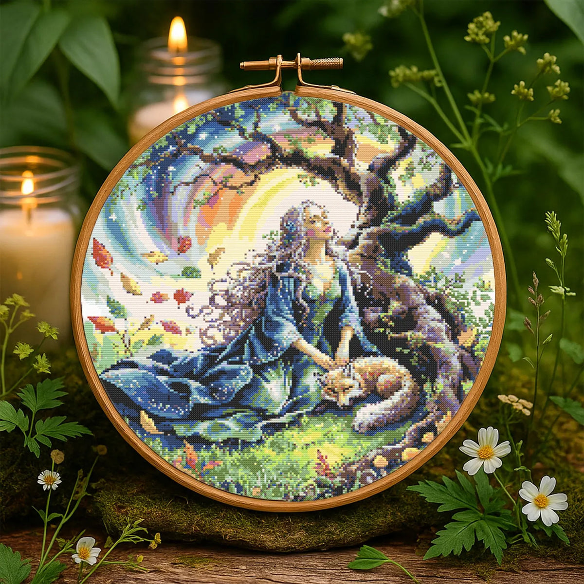 Mystical Elven Woman With Magical Fox Cross Stitch Pattern Woman With fox fantasy Garden scene celestial stitching Fantasy Embroidery PDF