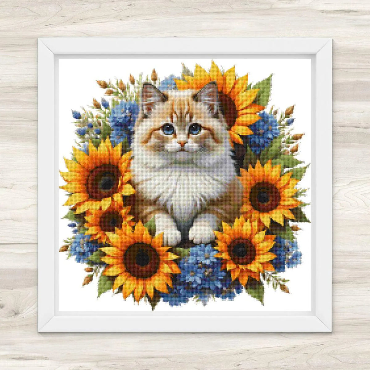 Fluffy Cat and Sunflowers Cross Stitch Pattern PDF – Floral Feline Embroidery Chart – Romantic Cat Lover Needlepoint Design
