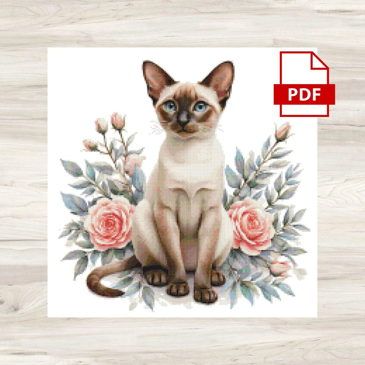 Siamese Cat and Pink Roses Cross Stitch Pattern PDF – Floral Feline Embroidery Chart – Romantic Cat Lover Needlepoint Design