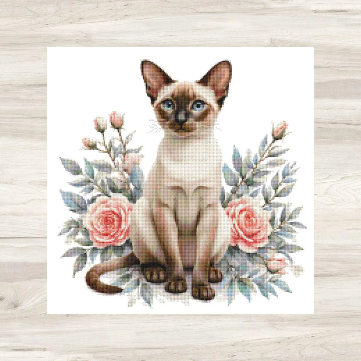 Siamese Cat and Pink Roses Cross Stitch Pattern PDF – Floral Feline Embroidery Chart – Romantic Cat Lover Needlepoint Design