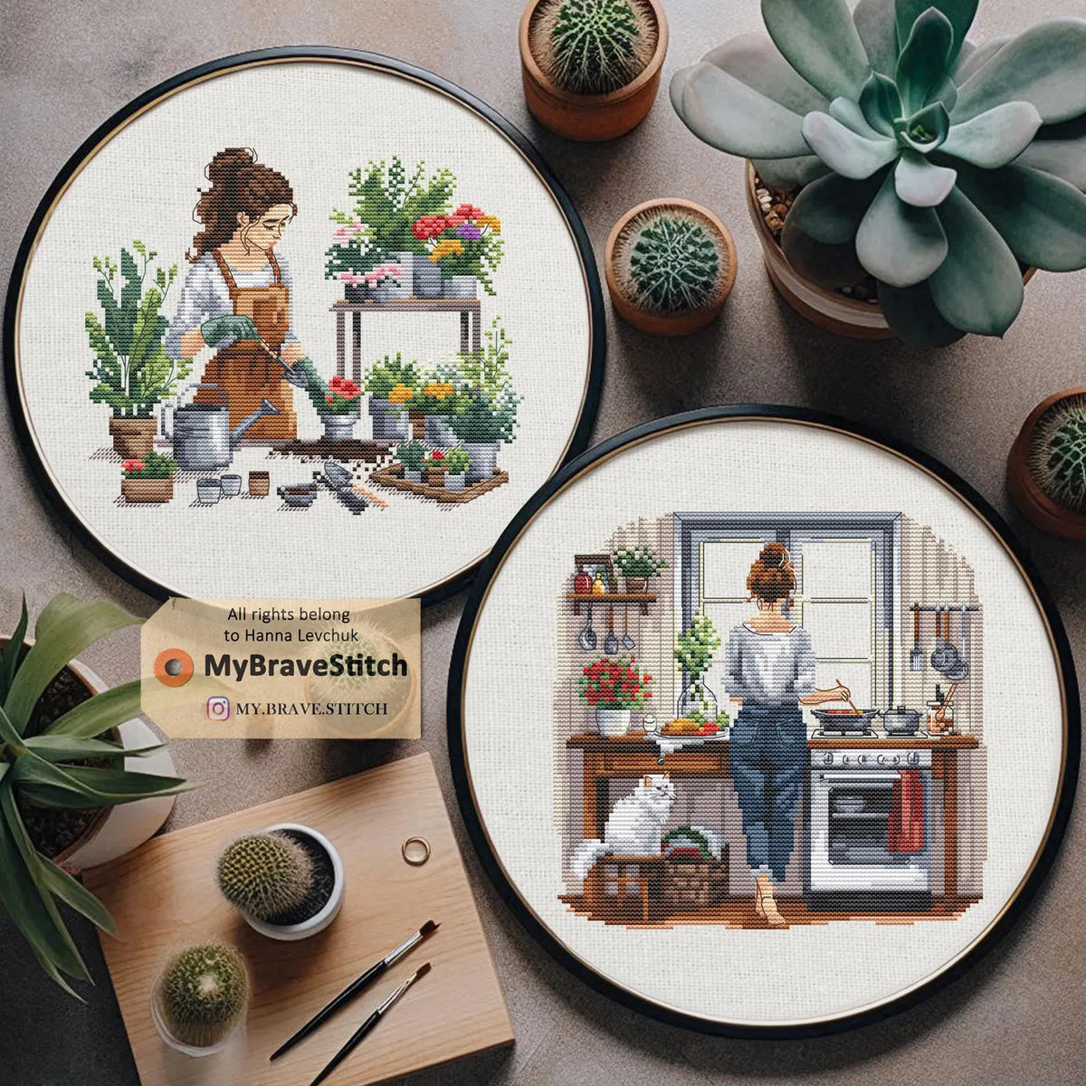Set of Two Cooking Gardening Girls cross stitch pattern pdf, cat crossstitch pattern, punto de cruz, patrones punto cruz, punto croce schemi