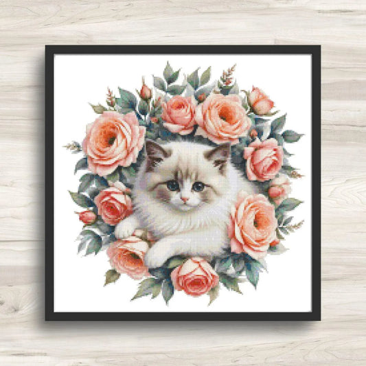 Persian Cat and Pink Roses Cross Stitch Pattern PDF – Floral Feline Embroidery Chart – Romantic Cat Lover Design