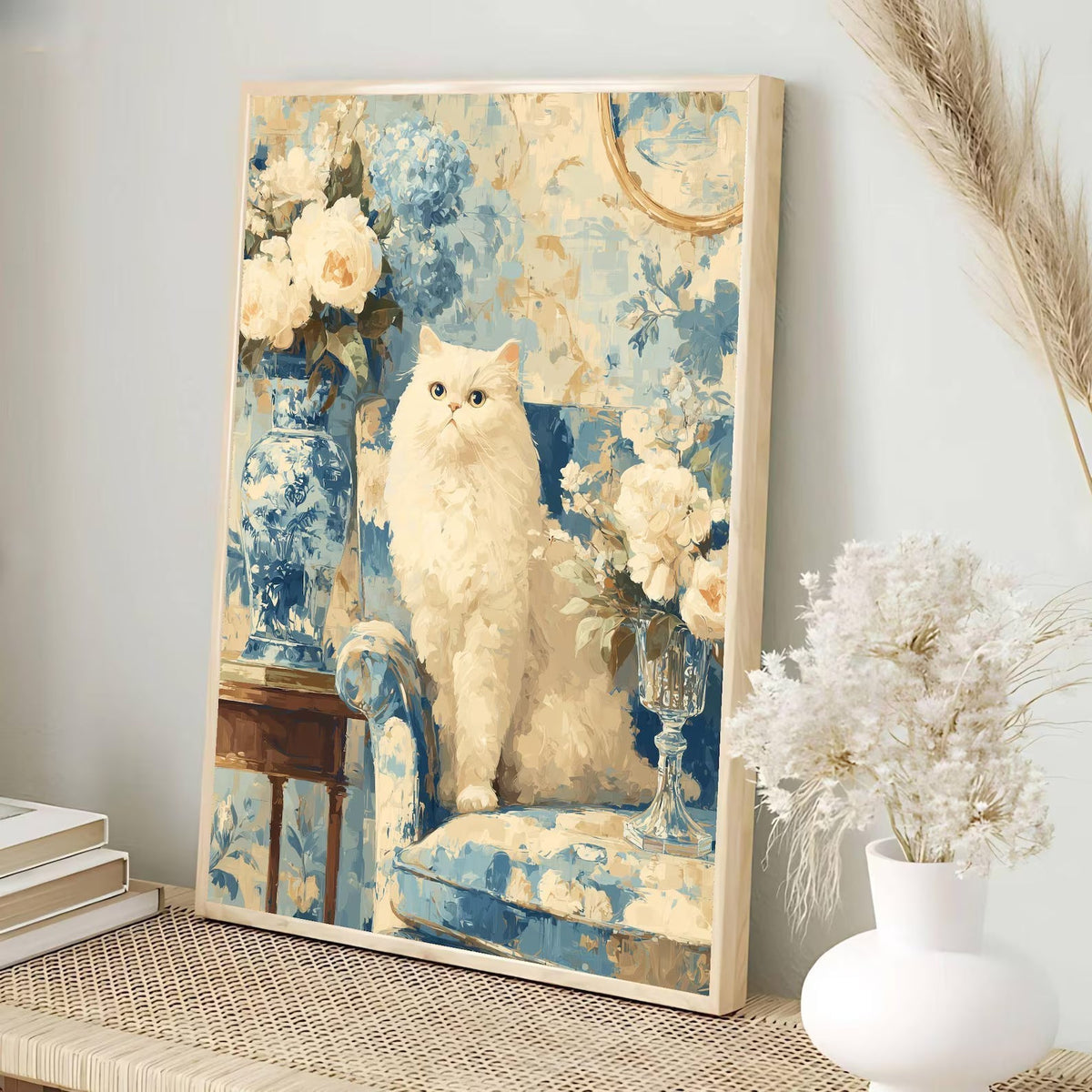 Elegant White Cat Floral Art Print | Digital Download | Cat Lovers Wall Art | Floral Decor Gift | Modern Home Decoration | White Cat Art