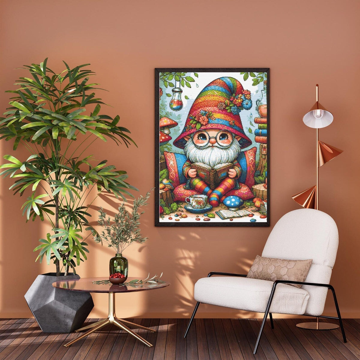 Rainbow Gnome Cross Stitch Pattern – Cozy Reading Forest Scene | 300x300 Modern Embroidery PDF,Large Cross Stitch Pattern