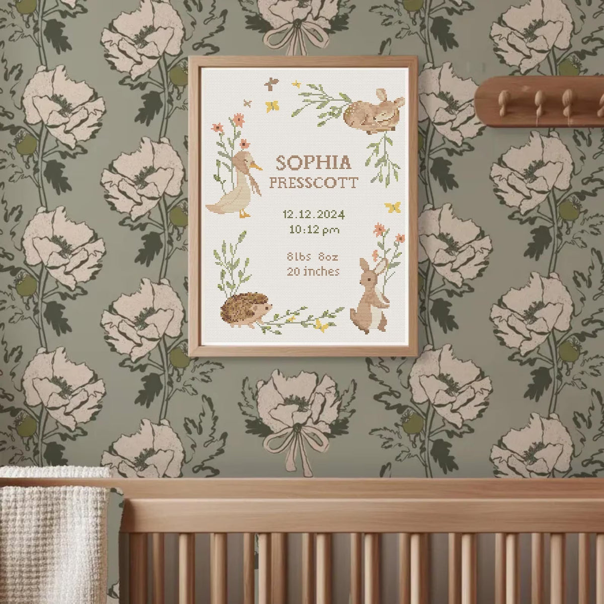 Baby Birth Announcement Cross Stitch Pattern, Customizable Floral Animal Embroidery PDF, Modern Girl Boy Nursery Decor, DIY Baby Shower Gift