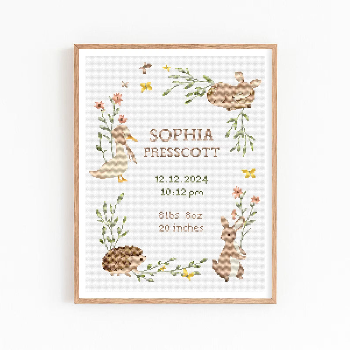 Baby Birth Announcement Cross Stitch Pattern, Customizable Floral Animal Embroidery PDF, Modern Girl Boy Nursery Decor, DIY Baby Shower Gift