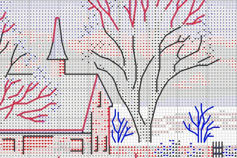Scenic Farm Counted Cross Stitch Pattern Winter Landscape Pattern Hand Embroidery Needlepoint Chart Village Cottage Digital Pattern PDF