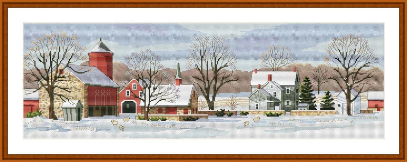 Scenic Farm Counted Cross Stitch Pattern Winter Landscape Pattern Hand Embroidery Needlepoint Chart Village Cottage Digital Pattern PDF