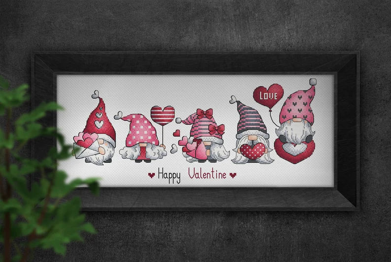 Valentine Gnomes Cross Stitch, Gnomes Hand Embroidery Design, Fairy Gnome Love Needlepoint Pattern, Digital File Instant Download PDF