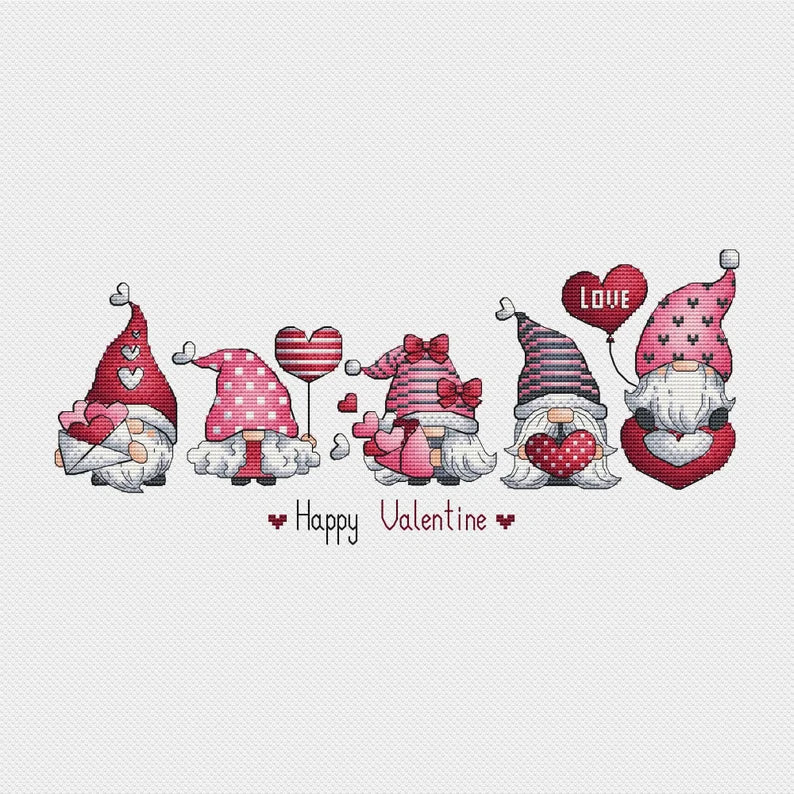 Valentine Gnomes Cross Stitch, Gnomes Hand Embroidery Design, Fairy Gnome Love Needlepoint Pattern, Digital File Instant Download PDF
