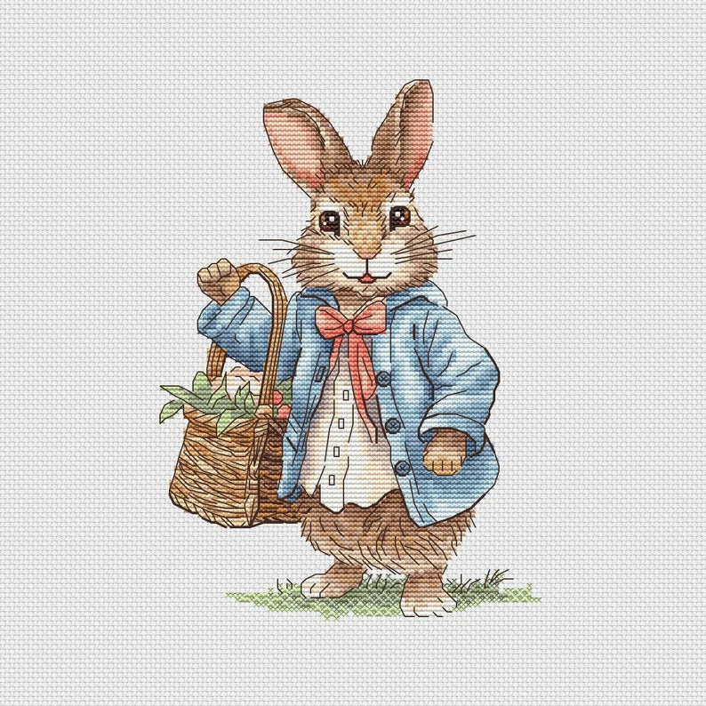 Rabbit Couple Cross Stitch Pattern: Spring Flower Basket (PDF Digital File) Instant Download