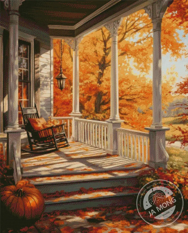 Cross Stitch Pattern Autumn Porch Full Coverage