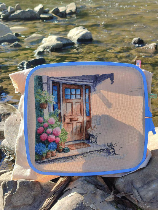 Summer Cottage Porch Cross Stitch Pattern, Cozy House Front Door with Chair modern embroidery, Hydrangea and Flowers, Instant PDF Download