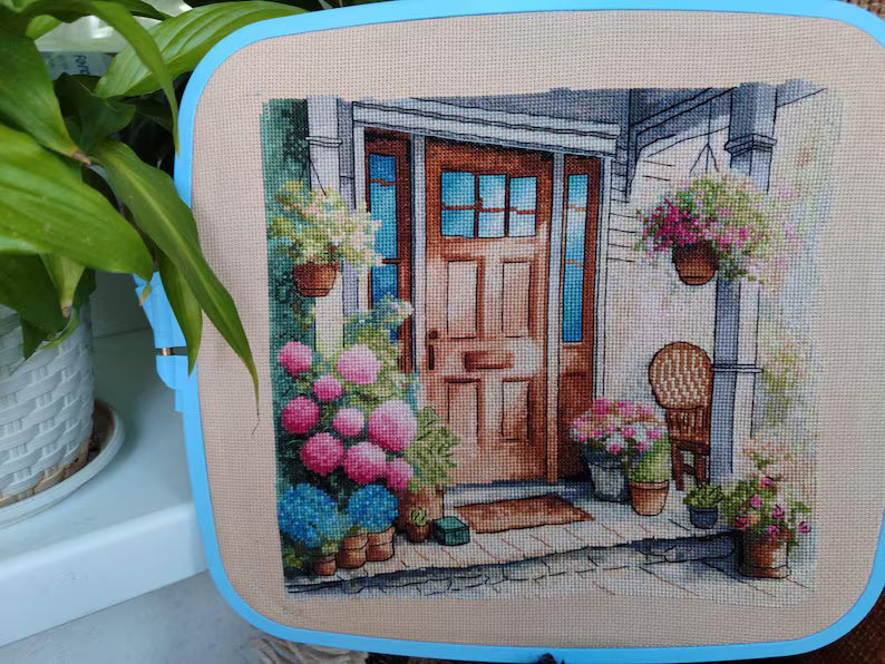 Summer Cottage Porch Cross Stitch Pattern, Cozy House Front Door with Chair modern embroidery, Hydrangea and Flowers, Instant PDF Download