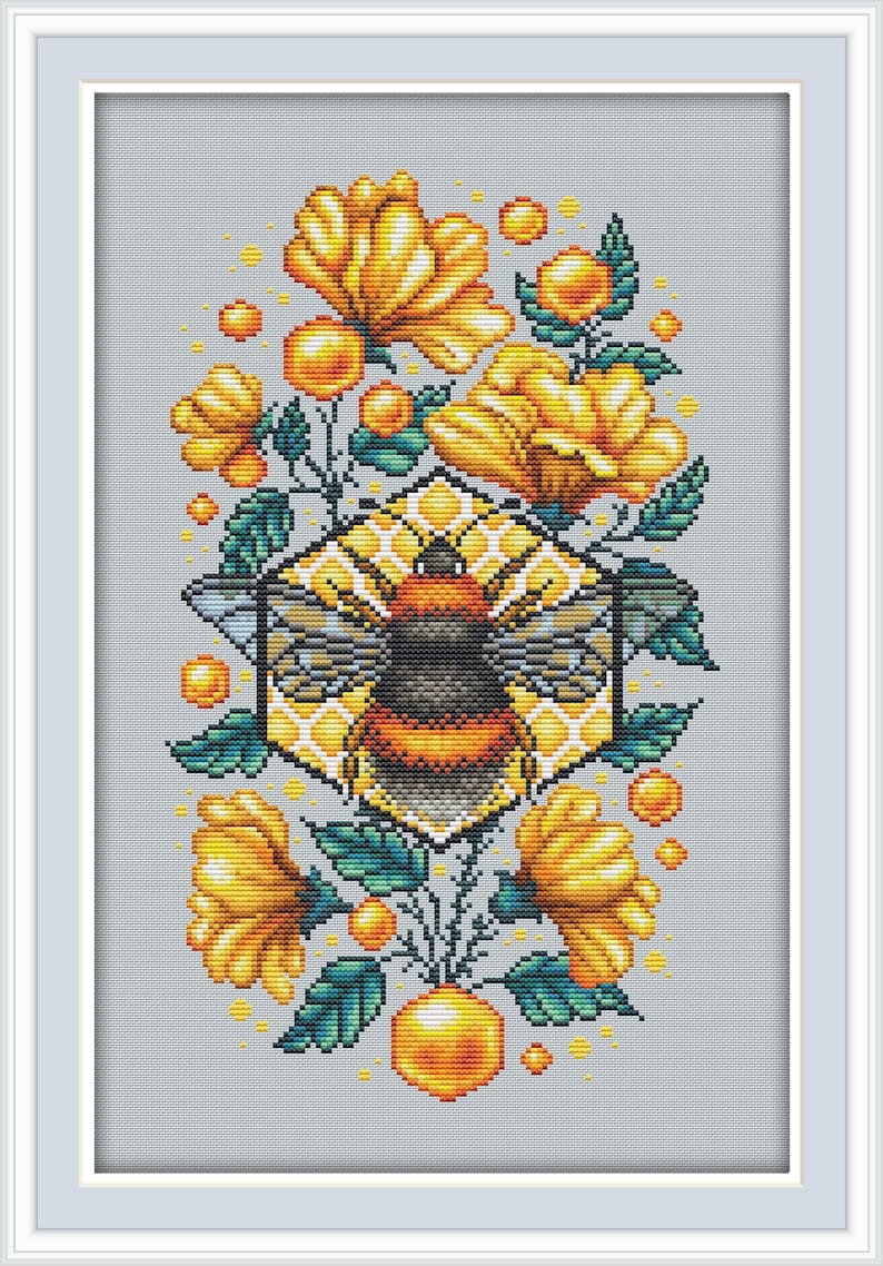Bee Cross Stitch Pattern Flowers Cross Stitch Pattern Honey Cross Stitch Chart Summer Floral Pattern Embroidery Insect Cross Stitch PDF