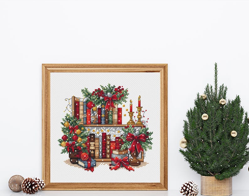 Christmas Bookshelf Cross Stitch Pattern PDF, New Year Decor Design Digital, Festive Garland, Bows, Holiday Candles Embroidery