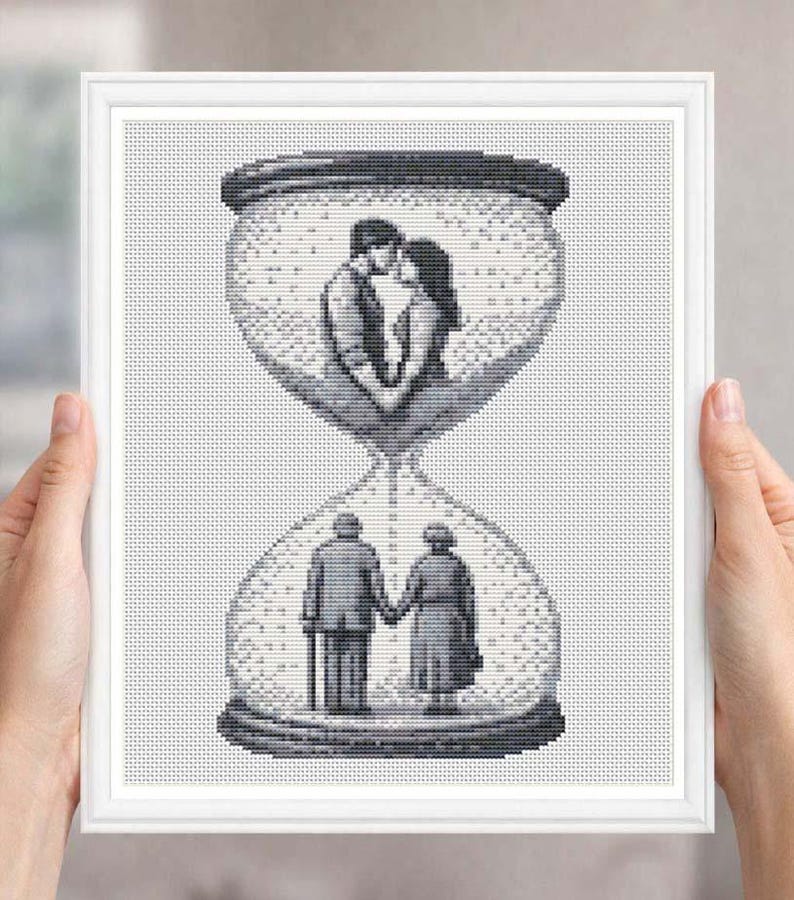 Romantic Hourglass Cross Stitch Pattern, Young & Old Love PDF Pattern