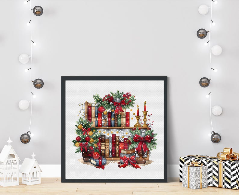 Christmas Bookshelf Cross Stitch Pattern PDF, New Year Decor Design Digital, Festive Garland, Bows, Holiday Candles Embroidery