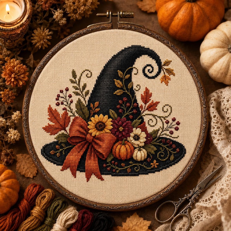 Autumn Witch’s Hat Cross Stitch Pattern PDF, Fall Witch Embroidery, Halloween Decor (Digital Download)