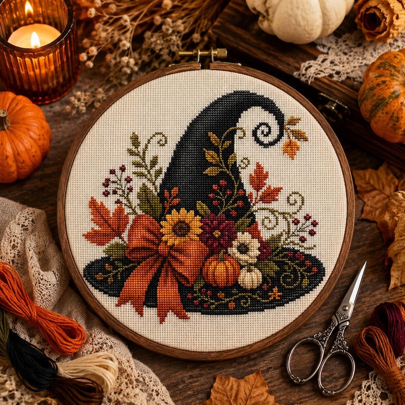 Autumn Witch’s Hat Cross Stitch Pattern PDF, Fall Witch Embroidery, Halloween Decor (Digital Download)