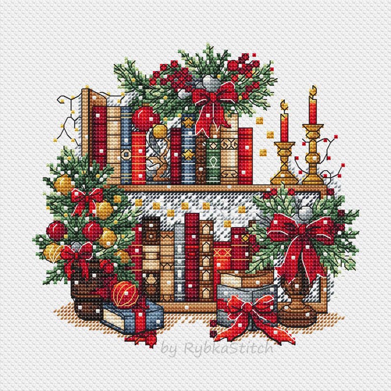 Christmas Bookshelf Cross Stitch Pattern PDF, New Year Decor Design Digital, Festive Garland, Bows, Holiday Candles Embroidery