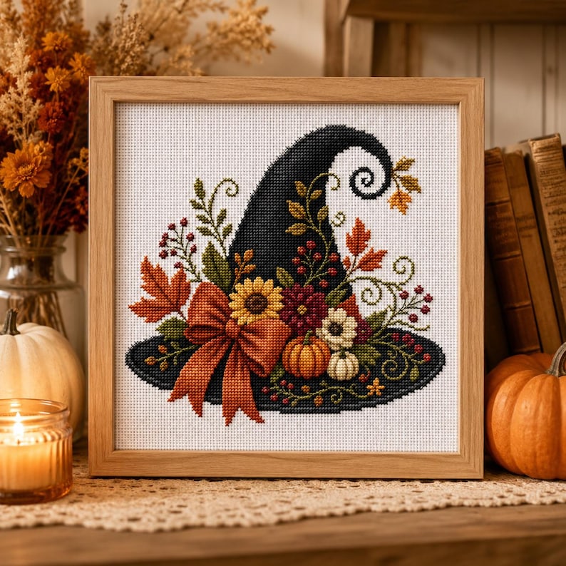Autumn Witch’s Hat Cross Stitch Pattern PDF, Fall Witch Embroidery, Halloween Decor (Digital Download)