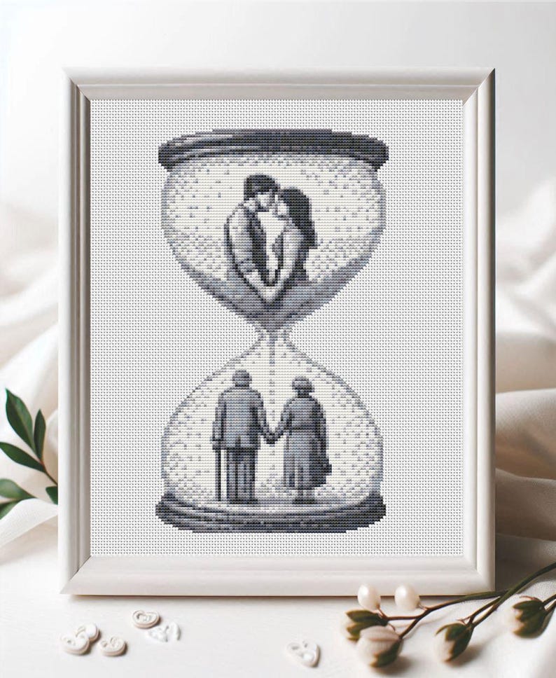 Romantic Hourglass Cross Stitch Pattern, Young & Old Love PDF Pattern