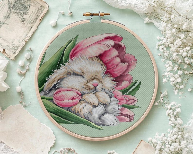 Baby Bunny Cross Stitch Pattern Fluffy Bunny Pattern Tulips PDF Pattern Little Bunny Pattern Bunny DMC Chart Printable PDF Instant Download