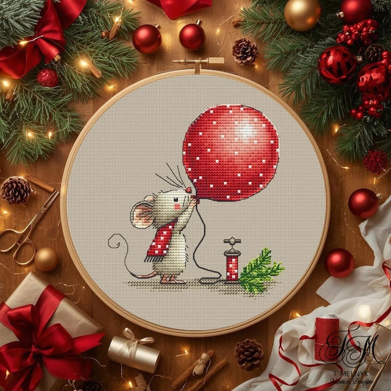 Christmas Mouse Cross Stitch Pattern PDF Cute Mouse with Red Balloon Counted Cross Stitch Chart Winter Nursery Embroidery Design